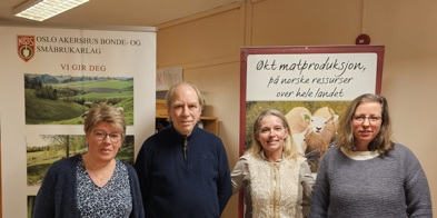Deler av interimsstyre, fra venstre: Lydia Bjøtomt, Ingeborg Beitnes, Tor Jacob Solberg (leder NBS) og Nina Hellum Adriansen. Kristian Wølner var ikke tilstede da bildet ble tatt. - Foto: Karl-Sverre Holdal, fylkessekretær Oslo Akershus Bonde- og Småbrukarlag