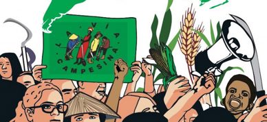Illustrasjon av mennesker fra hele verden som går i tog. En person holder et flagg med La Via Campesina sin logo. I bakgrunnen ser vi et verdenskart, mais og hvete.  - Foto: La Via Campesina